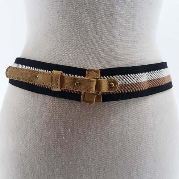 LOFT Accessories - Live Love Loft Women's Elastic Stretched Striped Black White Tan Cinch Belt OS